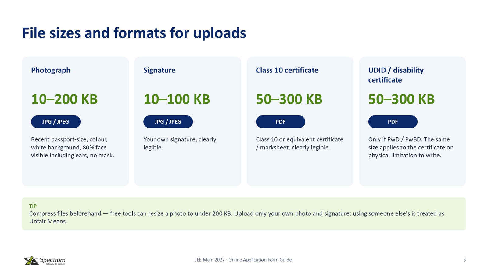 Slide 5: File sizes and formats for uploads