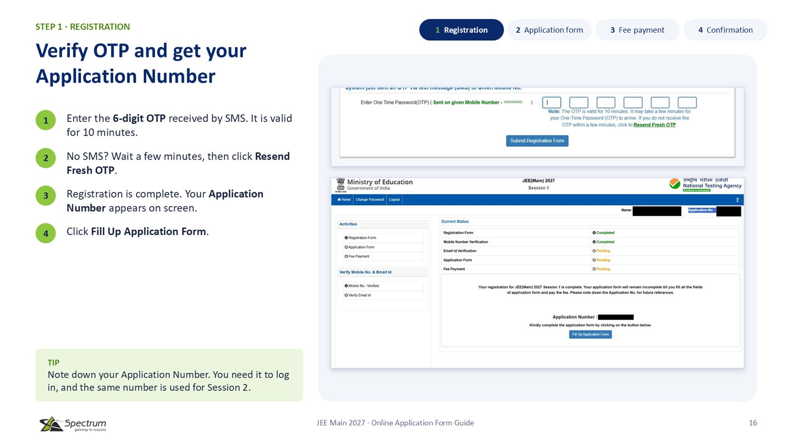 Slide 16: Verify OTP and get your Application Number