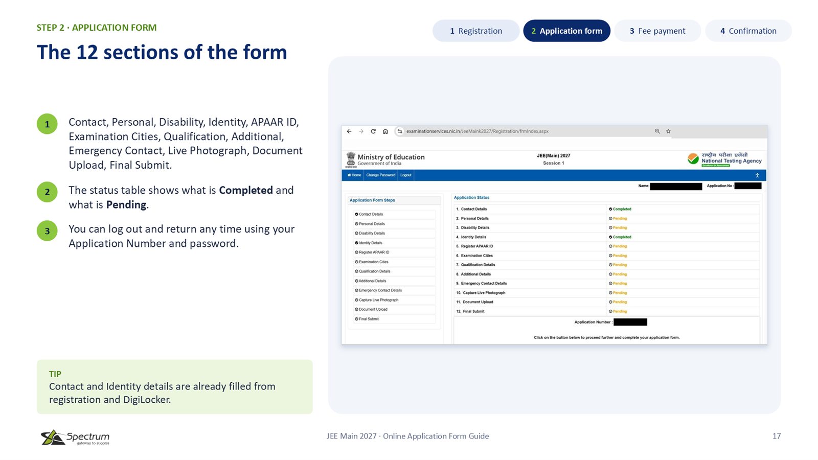Slide 17: The 12 sections of the form