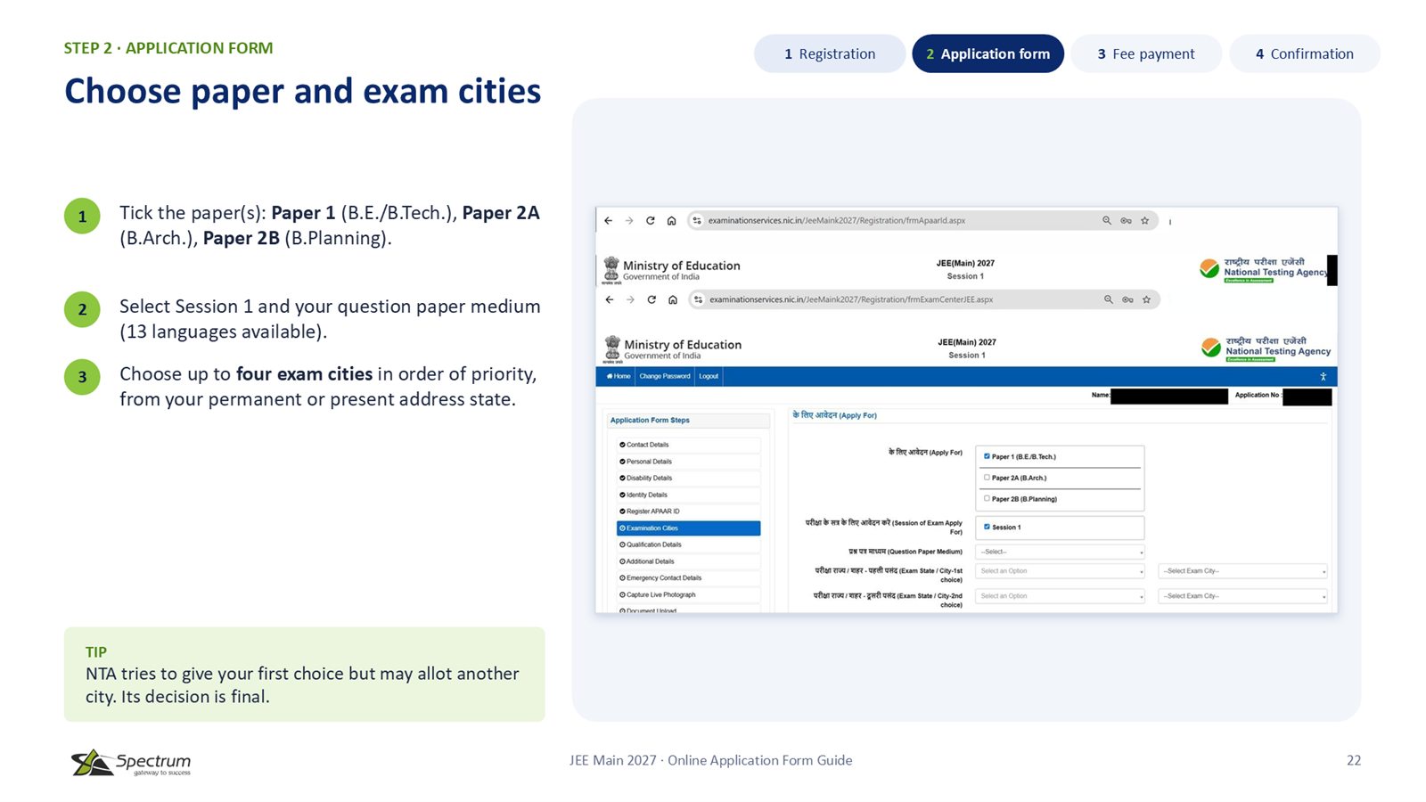 Slide 22: Choose paper and exam cities